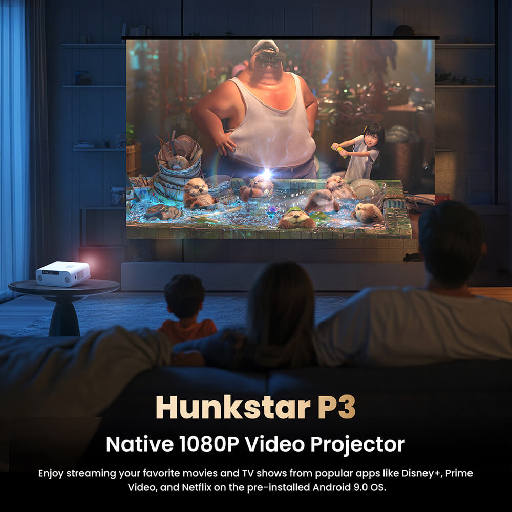 Hunkstar P3 1000 ANSI Android Projector, Native 1080P, 4K Decoding, HDR10, Auto-Keystone Correction & Auto Focus, Android 9.0, Bluetooth 5.0, WiFi 6, 2*5W Speakers