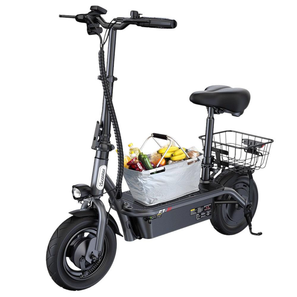 iScooter F3 Electric Scooter with Seat &amp; Rear Basket, 1000W Motor, 48V 13Ah Battery, 10 inch Pneumatic Tire, 45km/h Max Speed, 60km Range, Front &amp; Rear Drum Brake, 120kg Max Load