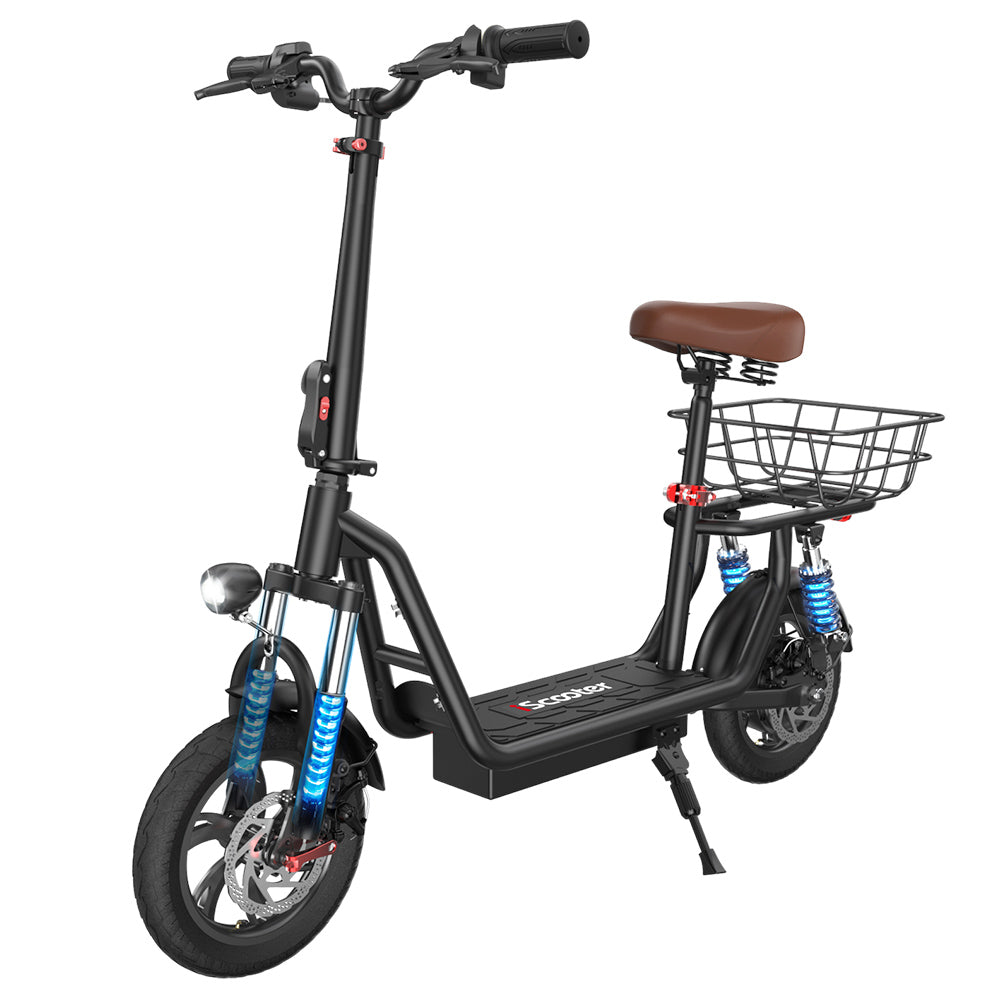iScooter i12 Electric Scooter with Seat &amp; Rear Basket, 500W Motor, 36V 7.5Ah Battery, 12-inch Pneumatic Tire, 25km/h Max Speed, 35km Max Range, Dual Disc Brakes, Dual Shock Absorption