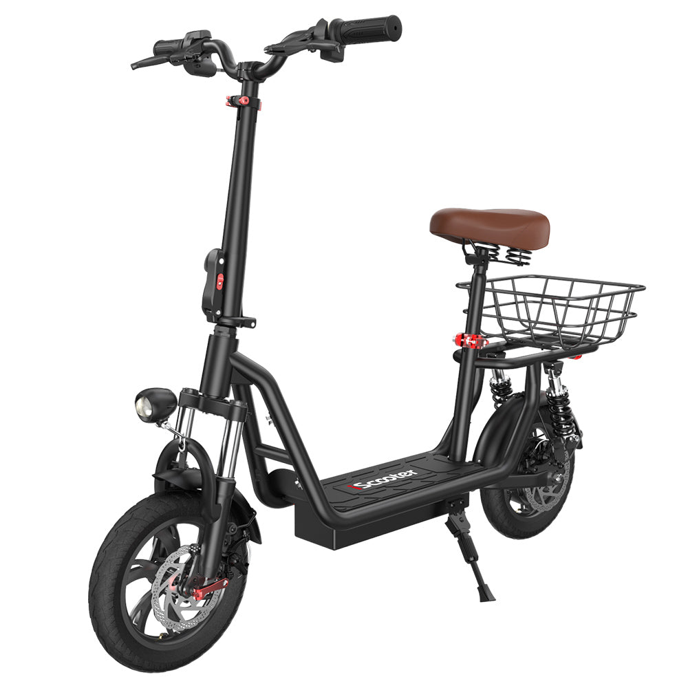 iScooter i12 Electric Scooter with Seat &amp; Rear Basket, 500W Motor, 36V 7.5Ah Battery, 12-inch Pneumatic Tire, 25km/h Max Speed, 35km Max Range, Dual Disc Brakes, Dual Shock Absorption