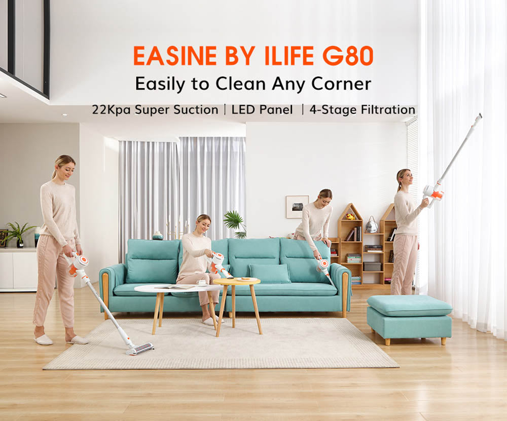 EASINE by ILIFE G80 Akku-Stielstaubsauger, kabelloser Handstaubsauger, 22 kPa Saugkraft, LED-Anzeige, 45 Minuten Laufzeit