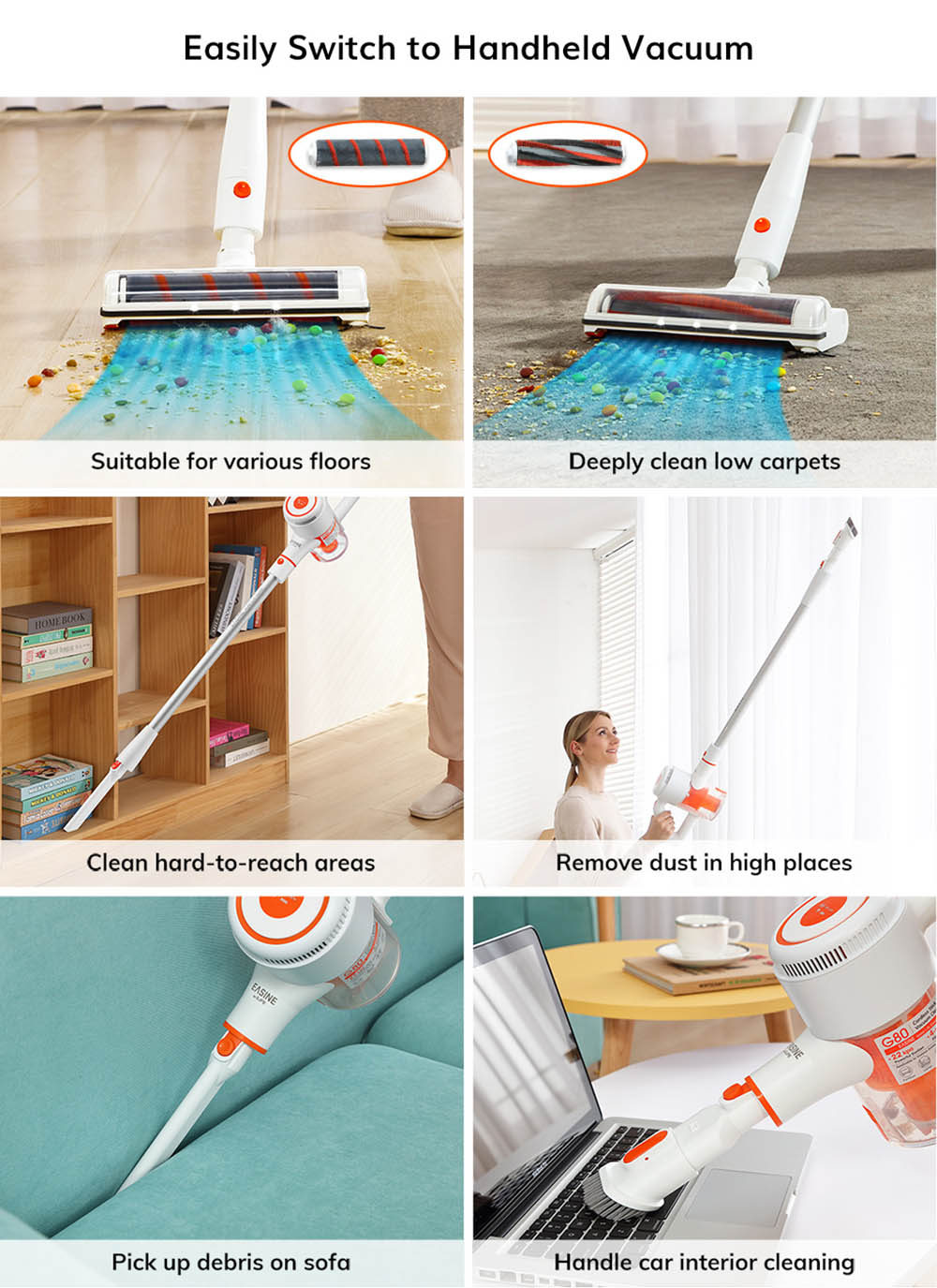 EASINE by ILIFE G80 Akku-Stielstaubsauger, kabelloser Handstaubsauger, 22 kPa Saugkraft, LED-Anzeige, 45 Minuten Laufzeit