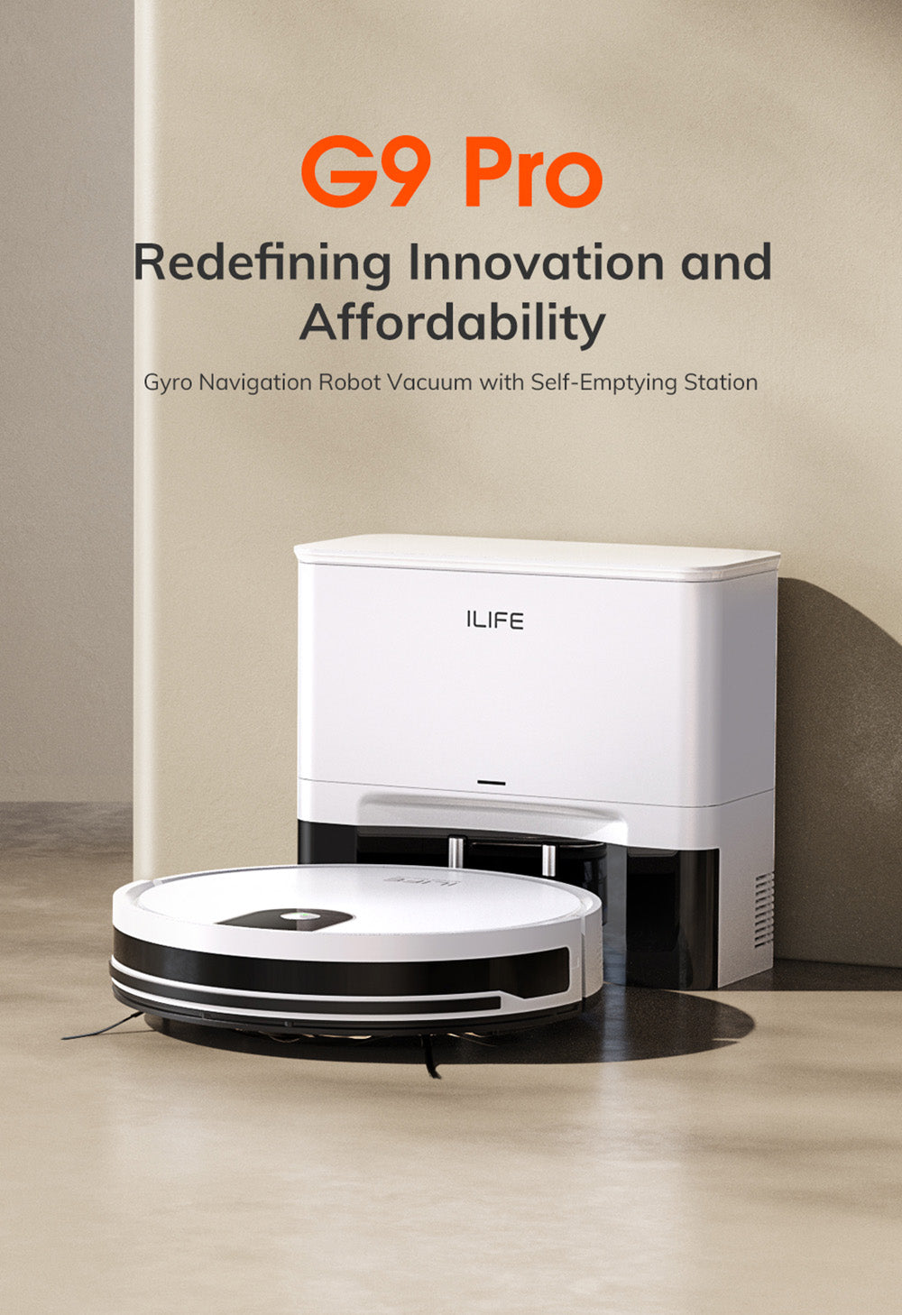 ILIFE G9 Pro Saugroboter mit automatischer Entleerungsstation, Gyroskop-Navigation, 3000 Pa Saugkraft, 100 Minuten Laufzeit, 2,5-Liter-Staubbeutel, Reinigungsmodi (Plan/Kanten/Punkt/Max), Alexa- und Google Home-Unterstützung, Fernbedienung, Weiß