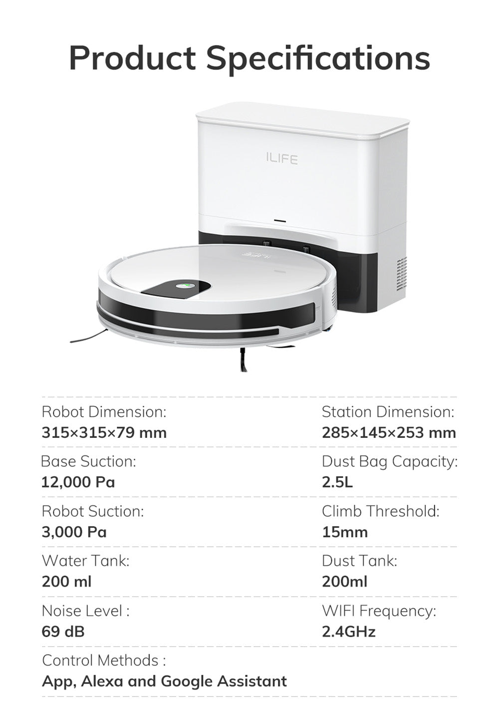 ILIFE G9 Pro Saugroboter mit automatischer Entleerungsstation, Gyroskop-Navigation, 3000 Pa Saugkraft, 100 Minuten Laufzeit, 2,5-Liter-Staubbeutel, Reinigungsmodi (Plan/Kanten/Punkt/Max), Alexa- und Google Home-Unterstützung, Fernbedienung, Weiß