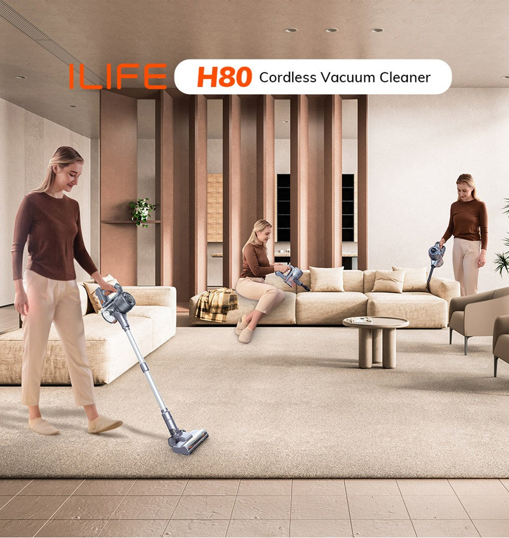 ILIFE H80 Akku-Staubsauger, 20 kPa Saugkraft, bis zu 35 Minuten Laufzeit, LED-Beleuchtung, 5-stufige Filterung, 0,55-Liter-Staubbehälter, Teleskoprohr, Grau