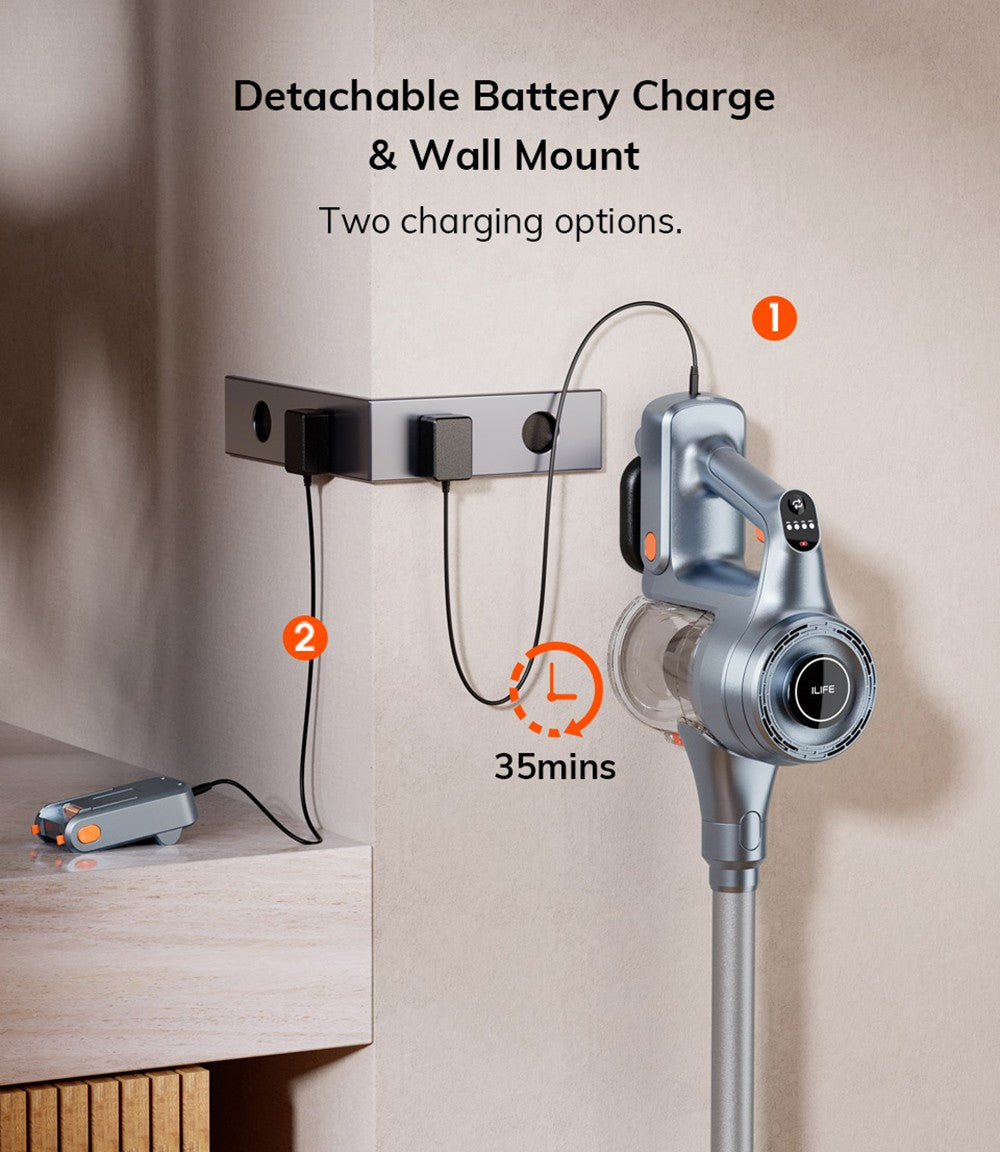 ILIFE H80 Akku-Staubsauger, 20 kPa Saugkraft, bis zu 35 Minuten Laufzeit, LED-Beleuchtung, 5-stufige Filterung, 0,55-Liter-Staubbehälter, Teleskoprohr, Grau