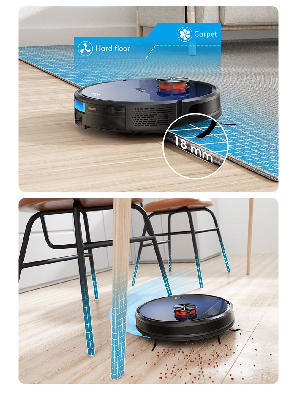 ILIFE T10s Saugroboter, 2-in-1-Gerät: Saugen und Wischen, automatische Entleerungsstation, 3000 Pa Saugkraft, 2,5-Liter-Staubbeutel, LDS-Navigation, 150 Minuten Laufzeit, Speicher für bis zu 5 Karten, App- und Sprachsteuerung – Farbverlauf Blau