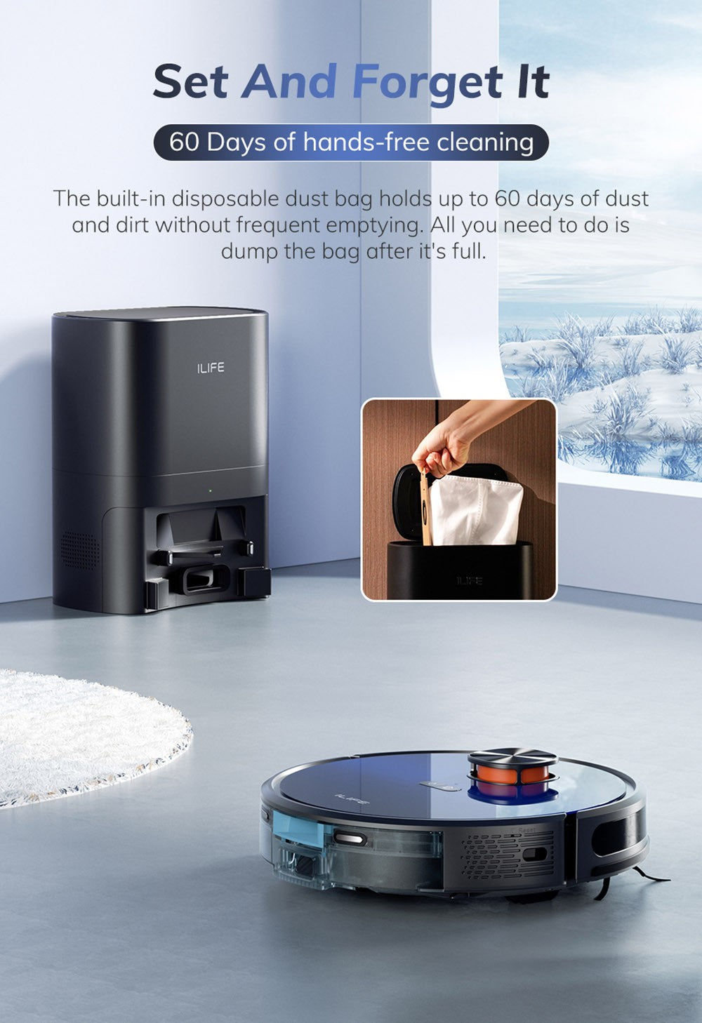 ILIFE T10s Saugroboter, 2-in-1-Gerät: Saugen und Wischen, automatische Entleerungsstation, 3000 Pa Saugkraft, 2,5-Liter-Staubbeutel, LDS-Navigation, 150 Minuten Laufzeit, Speicher für bis zu 5 Karten, App- und Sprachsteuerung – Farbverlauf Blau