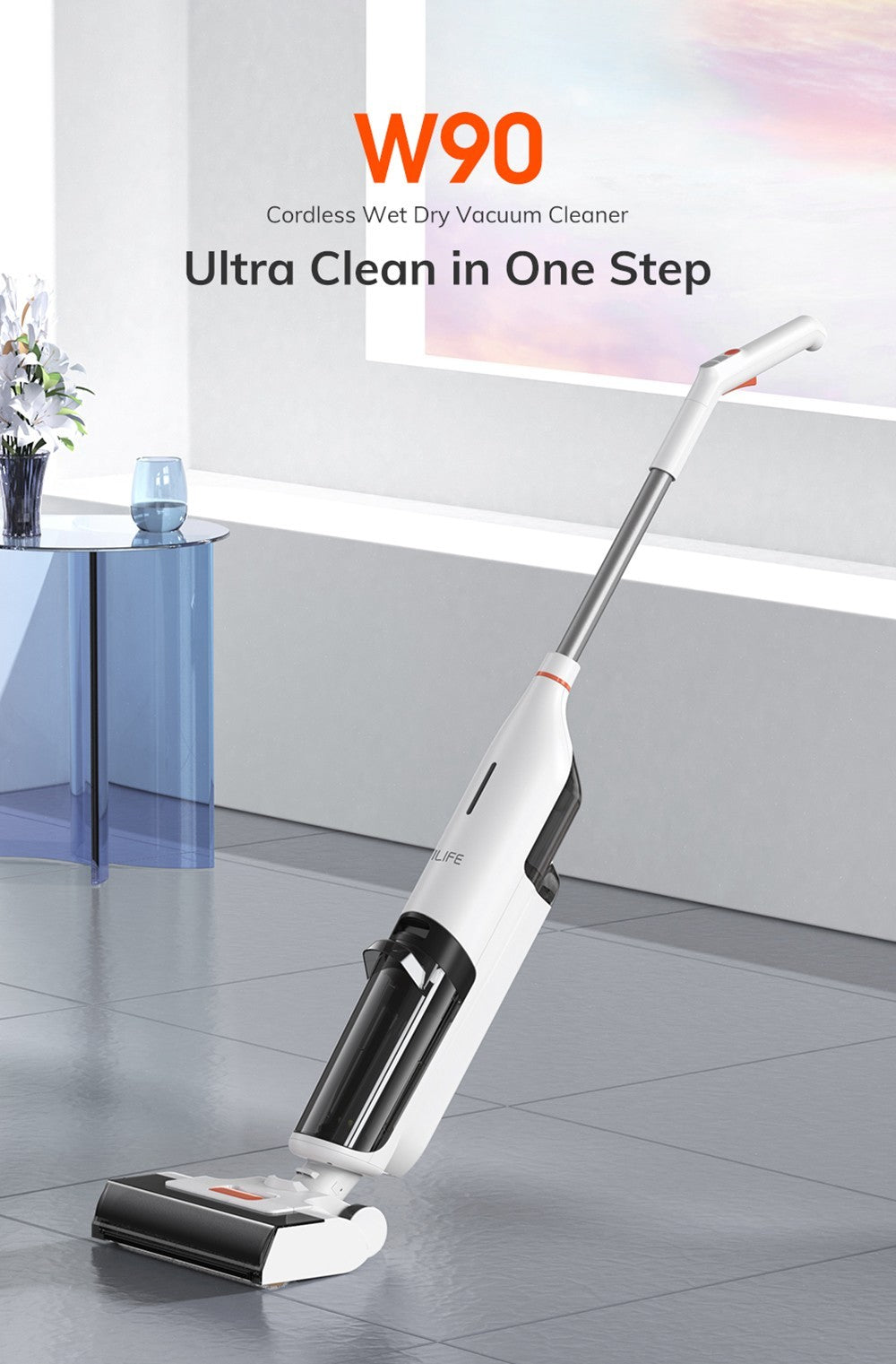 ILIFE W90 Akku-Nass- und Trockensauger, 3-in-1-Funktion (Saugen, Wischen, Waschen), Selbstreinigung, 700-ml-Wassertank, 30 Minuten Laufzeit, 3000-mAh-Akku, Sprachansage – Weiß