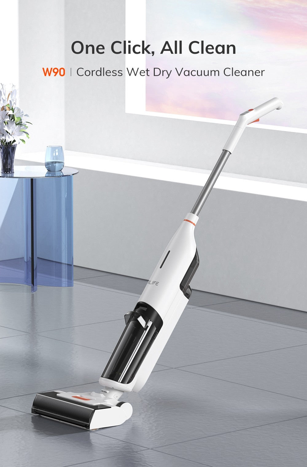 ILIFE W90 Akku-Nass- und Trockensauger, 3-in-1-Funktion (Saugen, Wischen, Waschen), Selbstreinigung, 700-ml-Wassertank, 30 Minuten Laufzeit, 3000-mAh-Akku, Sprachansage – Weiß