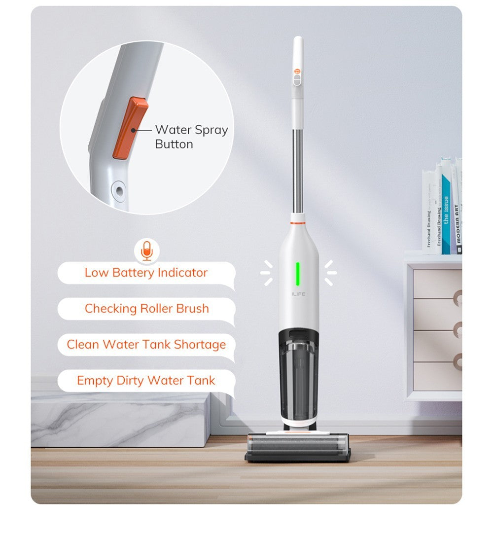 ILIFE W90 Akku-Nass- und Trockensauger, 3-in-1-Funktion (Saugen, Wischen, Waschen), Selbstreinigung, 700-ml-Wassertank, 30 Minuten Laufzeit, 3000-mAh-Akku, Sprachansage – Weiß