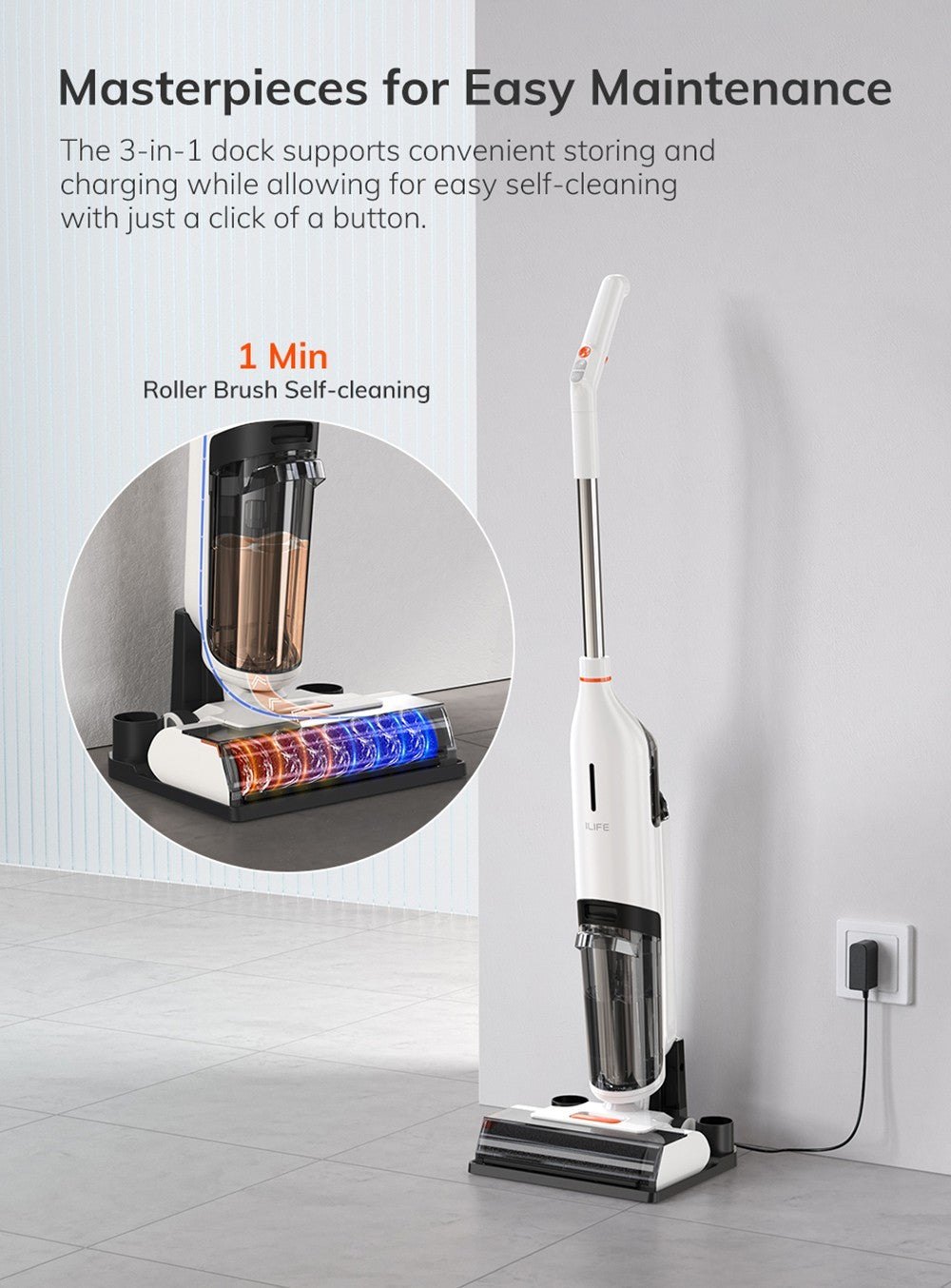 ILIFE W90 Akku-Nass- und Trockensauger, 3-in-1-Funktion (Saugen, Wischen, Waschen), Selbstreinigung, 700-ml-Wassertank, 30 Minuten Laufzeit, 3000-mAh-Akku, Sprachansage – Weiß