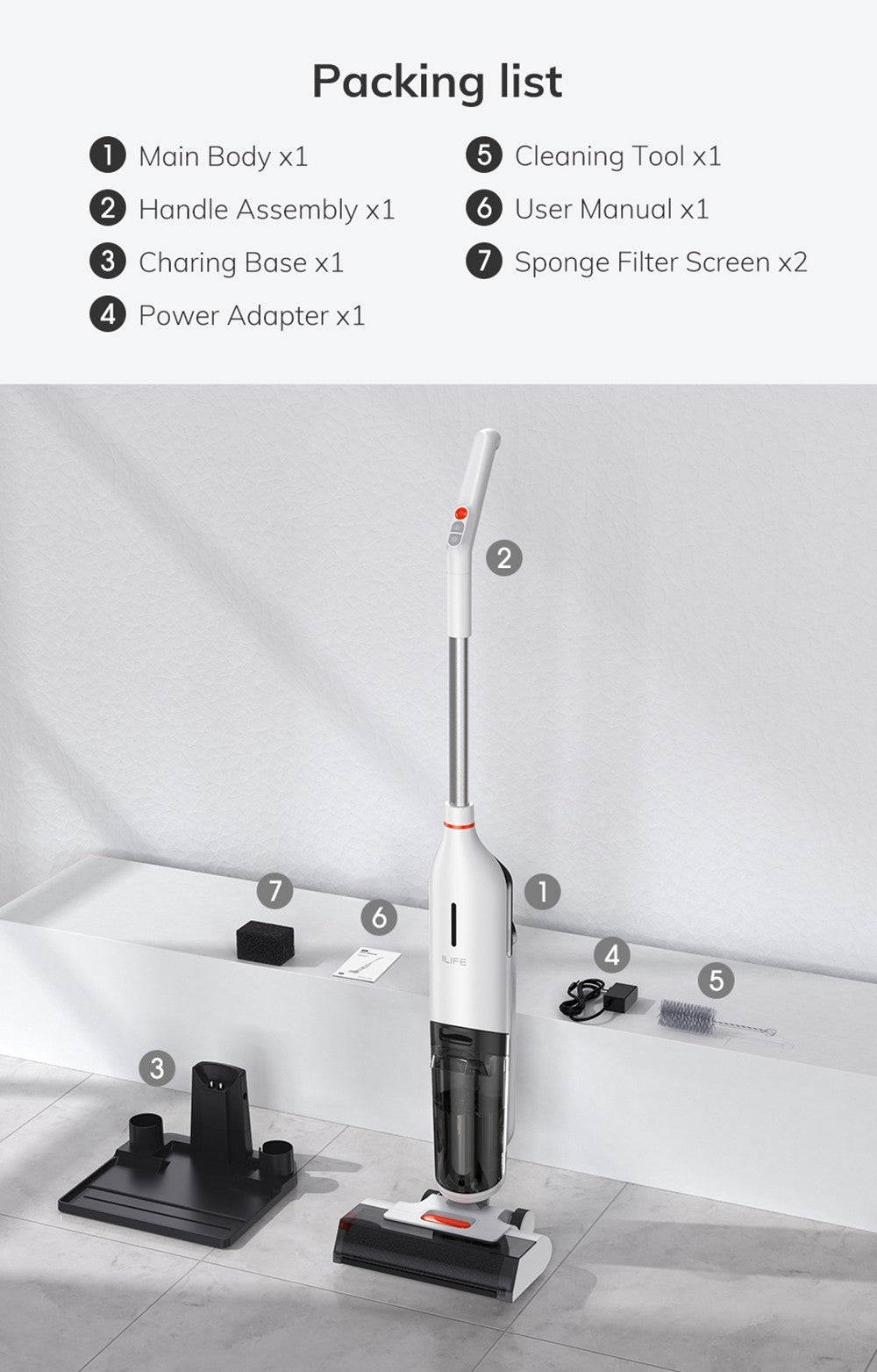 ILIFE W90 Akku-Nass- und Trockensauger, 3-in-1-Funktion (Saugen, Wischen, Waschen), Selbstreinigung, 700-ml-Wassertank, 30 Minuten Laufzeit, 3000-mAh-Akku, Sprachansage – Weiß