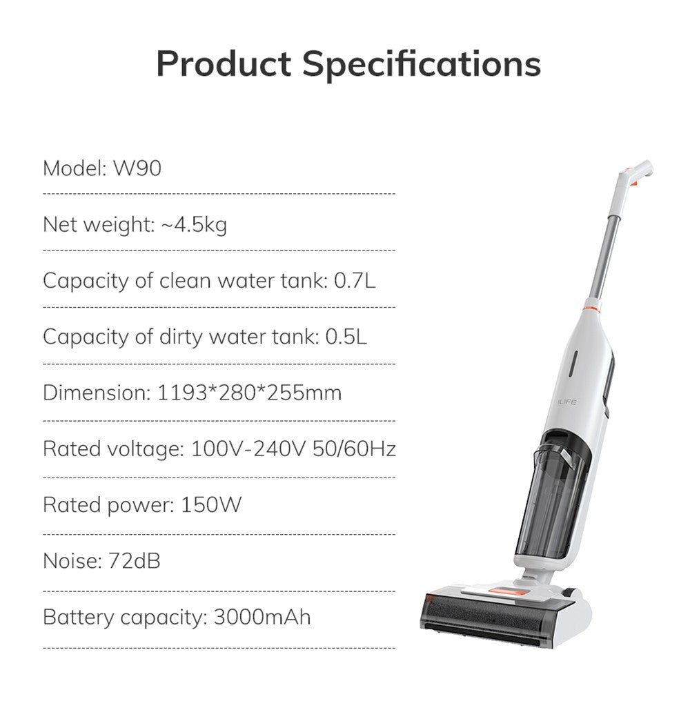 ILIFE W90 Akku-Nass- und Trockensauger, 3-in-1-Funktion (Saugen, Wischen, Waschen), Selbstreinigung, 700-ml-Wassertank, 30 Minuten Laufzeit, 3000-mAh-Akku, Sprachansage – Weiß