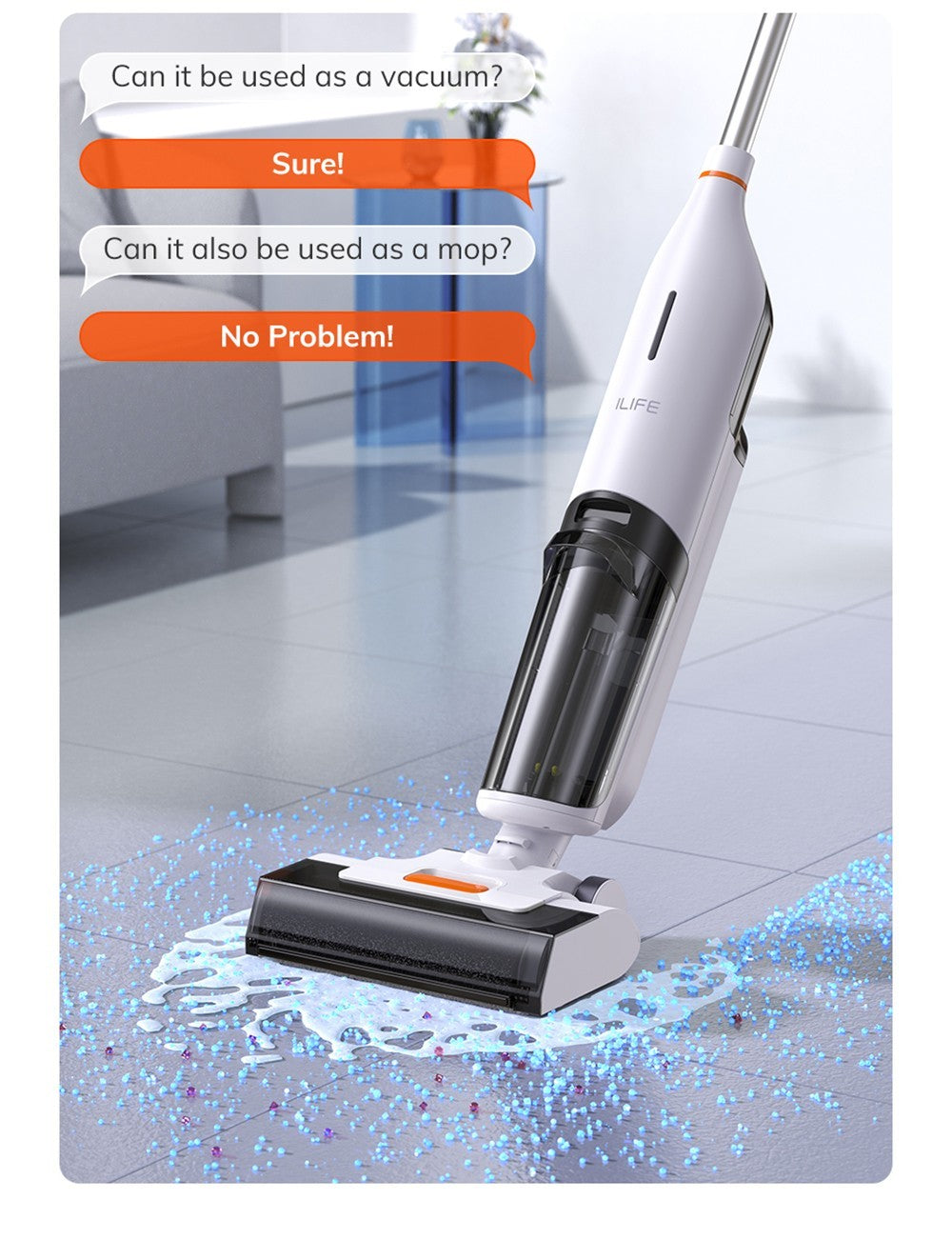 ILIFE W90 Akku-Nass- und Trockensauger, 3-in-1-Funktion (Saugen, Wischen, Waschen), Selbstreinigung, 700-ml-Wassertank, 30 Minuten Laufzeit, 3000-mAh-Akku, Sprachansage – Weiß