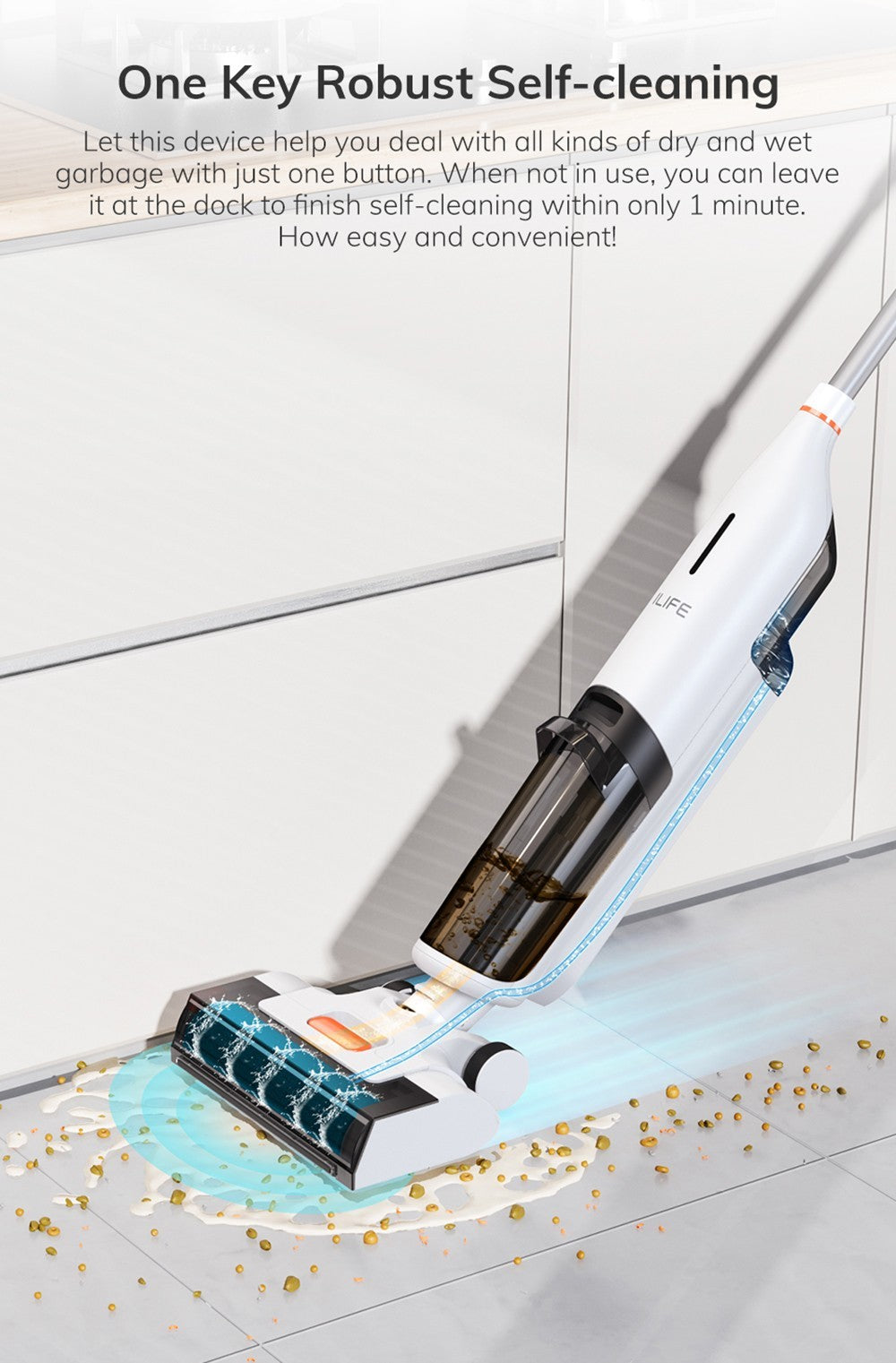 ILIFE W90 Akku-Nass- und Trockensauger, 3-in-1-Funktion (Saugen, Wischen, Waschen), Selbstreinigung, 700-ml-Wassertank, 30 Minuten Laufzeit, 3000-mAh-Akku, Sprachansage – Weiß