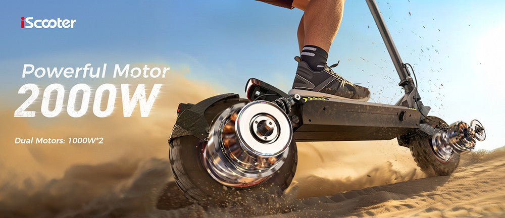 Patinete eléctrico iScooter iX7 Pro, motor de 2*1000W, batería de 48V 17.5Ah, neumáticos todoterreno de 10 pulgadas, velocidad máxima de 60 km/h, autonomía de 80 km, frenos de disco delanteros y traseros, doble suspensión.