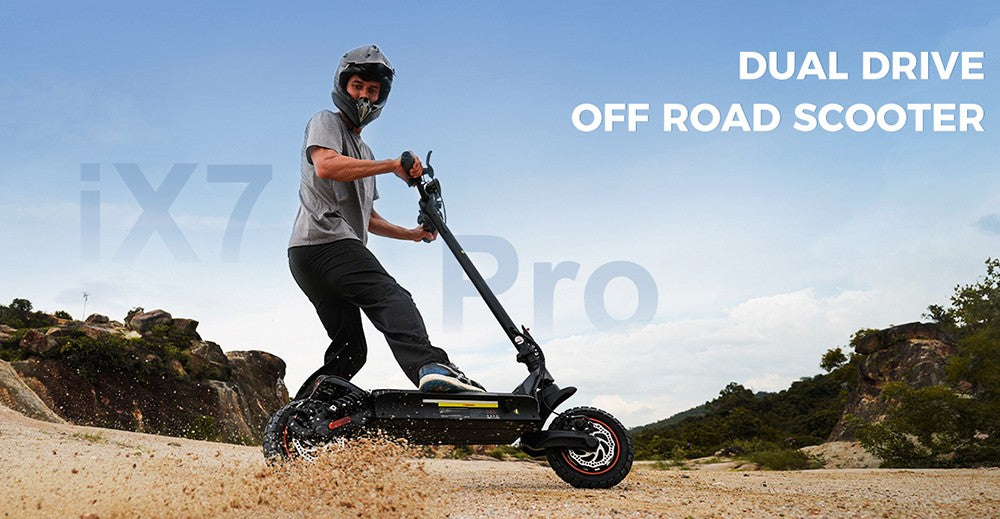 Patinete eléctrico iScooter iX7 Pro, motor de 2*1000W, batería de 48V 17.5Ah, neumáticos todoterreno de 10 pulgadas, velocidad máxima de 60 km/h, autonomía de 80 km, frenos de disco delanteros y traseros, doble suspensión.