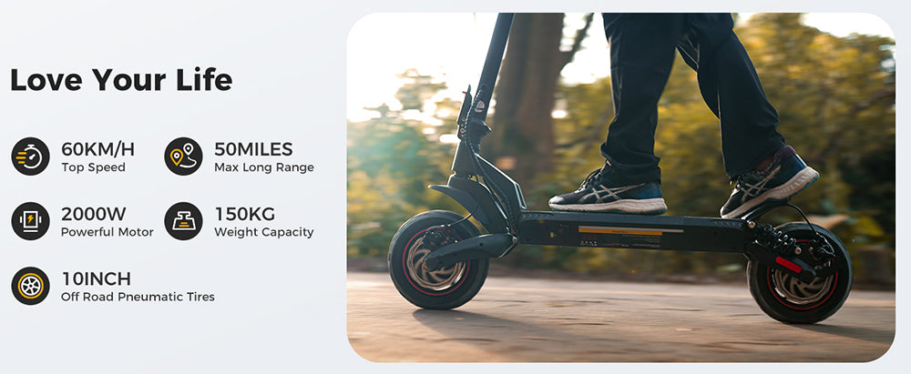 Patinete eléctrico iScooter iX7 Pro, motor de 2*1000W, batería de 48V 17.5Ah, neumáticos todoterreno de 10 pulgadas, velocidad máxima de 60 km/h, autonomía de 80 km, frenos de disco delanteros y traseros, doble suspensión.