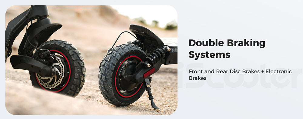Patinete eléctrico iScooter iX7 Pro, motor de 2*1000W, batería de 48V 17.5Ah, neumáticos todoterreno de 10 pulgadas, velocidad máxima de 60 km/h, autonomía de 80 km, frenos de disco delanteros y traseros, doble suspensión.