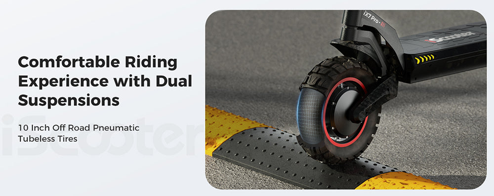 Patinete eléctrico iScooter iX7 Pro, motor de 2*1000W, batería de 48V 17.5Ah, neumáticos todoterreno de 10 pulgadas, velocidad máxima de 60 km/h, autonomía de 80 km, frenos de disco delanteros y traseros, doble suspensión.