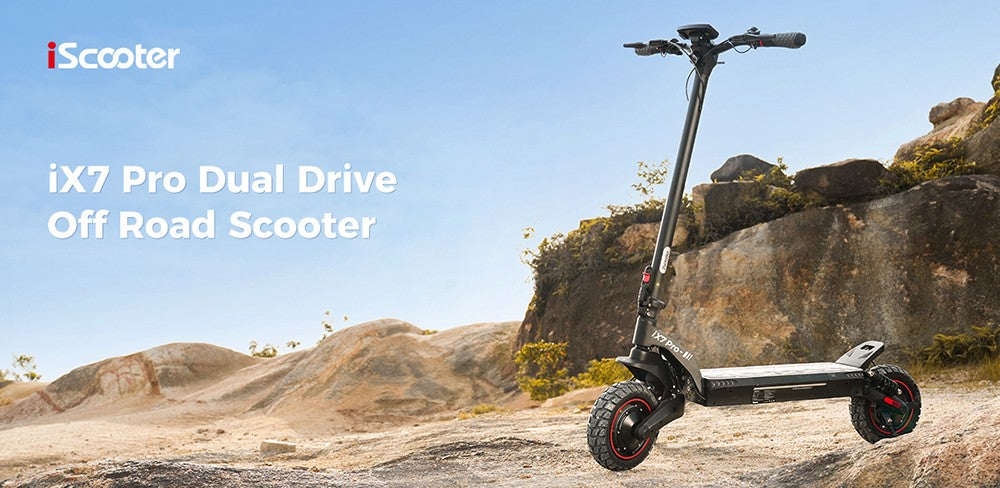 Patinete eléctrico iScooter iX7 Pro, motor de 2*1000W, batería de 48V 17.5Ah, neumáticos todoterreno de 10 pulgadas, velocidad máxima de 60 km/h, autonomía de 80 km, frenos de disco delanteros y traseros, doble suspensión.
