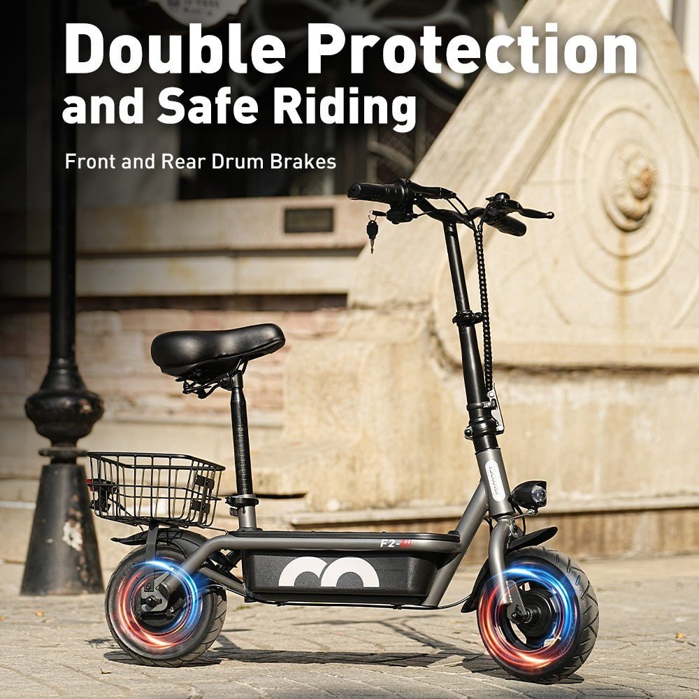 iScooter F2 Electric Scooter with Seat & Rear Basket, 500W Motor, 36V 7.8Ah Battery, 10 inch Tires, 30km/h Max Speed, 30km Range, Front & Rear Drum Brakes, 120kg Max Load