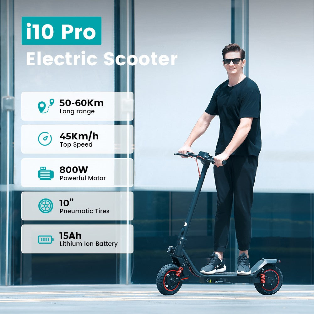 Patinete eléctrico iScooter i10 Pro, motor de 800 W, batería de 48 V 15 Ah, neumáticos de 10 pulgadas, velocidad máxima de 45 km/h, autonomía de 60 km, freno electrónico y freno de tambor, suspensión delantera y trasera, pantalla LED, control por aplicación.
