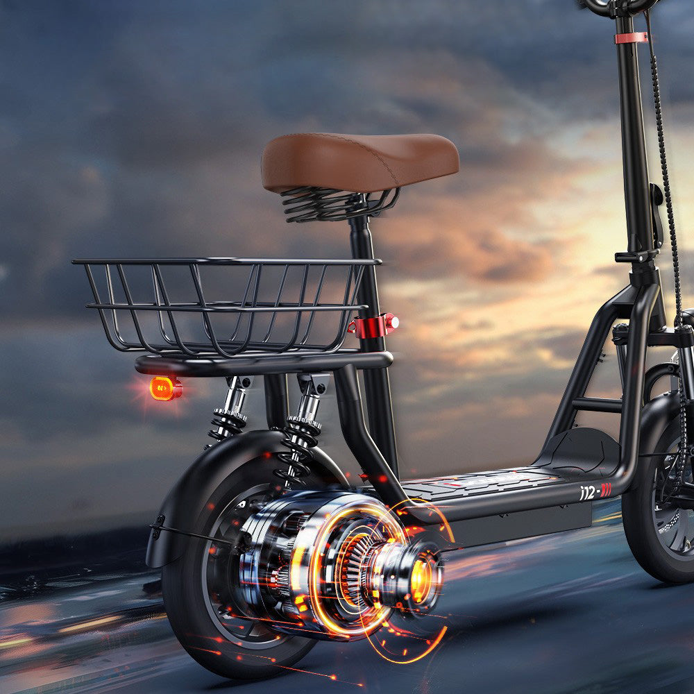 iScooter i12 Elektroroller mit Sitz und Gepäckkorb, 500-W-Motor, 36-V-7,5-Ah-Akku, 12-Zoll-Luftreifen, 25 km/h Höchstgeschwindigkeit, 35 km maximale Reichweite, Doppelscheibenbremsen, doppelte Stoßdämpfung