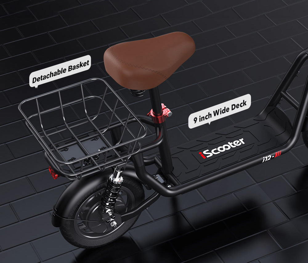 iScooter i12 Elektroroller mit Sitz und Gepäckkorb, 500-W-Motor, 36-V-7,5-Ah-Akku, 12-Zoll-Luftreifen, 25 km/h Höchstgeschwindigkeit, 35 km maximale Reichweite, Doppelscheibenbremsen, doppelte Stoßdämpfung