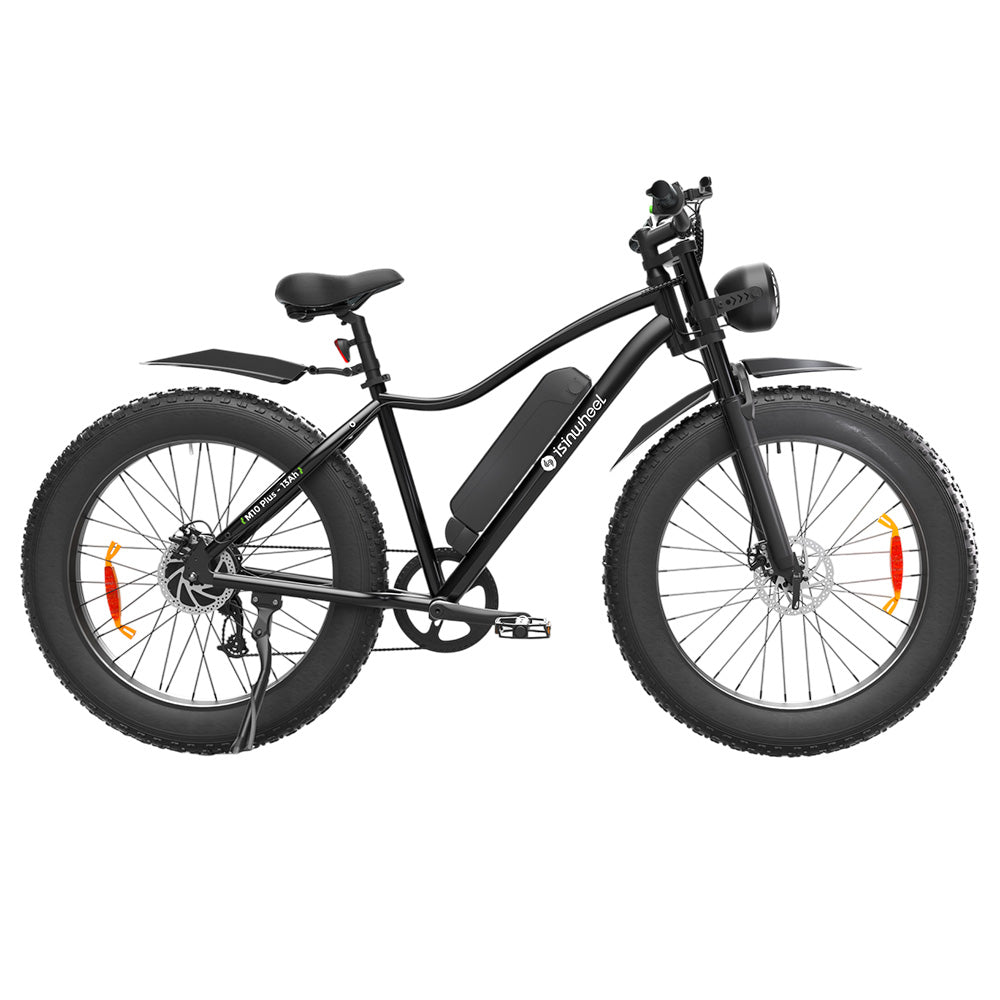 isinwheel M10 Plus Electric Bike, 250W Motor, 48V 13Ah Battery, 26*4.0 inch Tires, 25km/h Max Speed, 100km Range, Front &amp; Rear Disc Brakes, 7 Speed Transmission, Full Suspension - Black