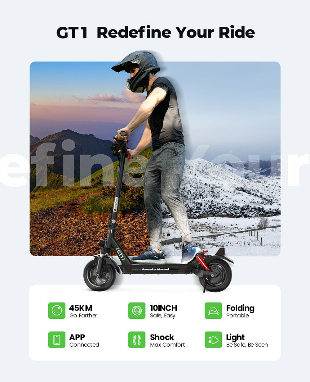 isinwheel GT1 Elektroroller, 800-W-Motor, 48-V-10-Ah-Akku, 10-Zoll-Geländereifen, 45 km/h Höchstgeschwindigkeit, 45 km Reichweite, Scheibenbremsen, Stoßdämpfung vorne und hinten, 150 kg maximale Zuladung, App-Steuerung