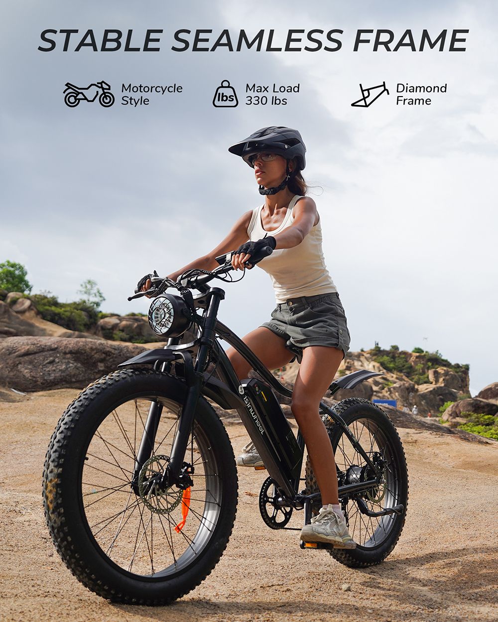 isinwheel M10 Plus Electric Bike, 250W Motor, 48V 13Ah Battery, 26*4.0 inch Tires, 25km/h Max Speed, 100km Range, Front & Rear Disc Brakes, 7 Speed Transmission, Full Suspension - Black