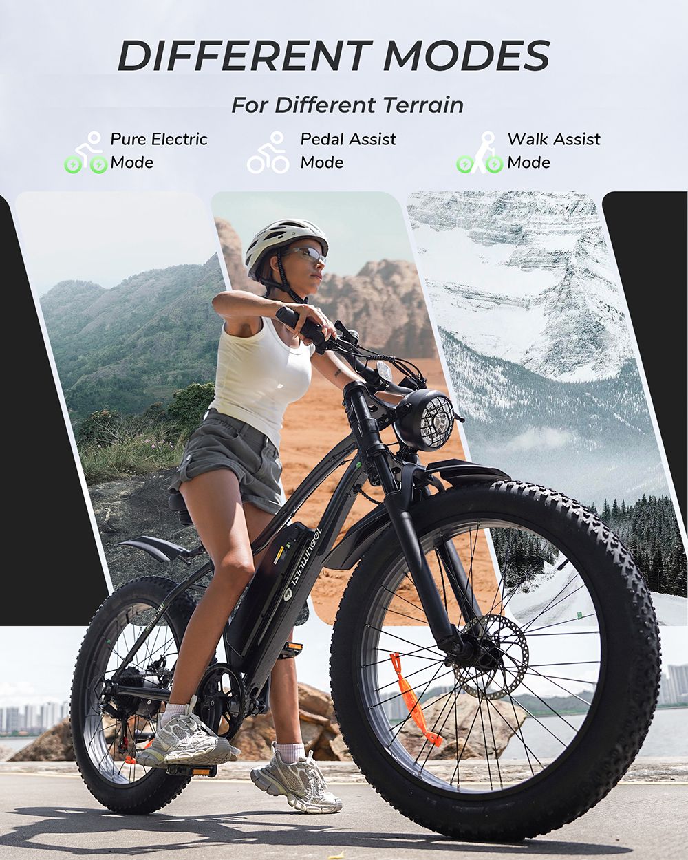 isinwheel M10 Plus Electric Bike, 250W Motor, 48V 13Ah Battery, 26*4.0 inch Tires, 25km/h Max Speed, 100km Range, Front & Rear Disc Brakes, 7 Speed Transmission, Full Suspension - Black