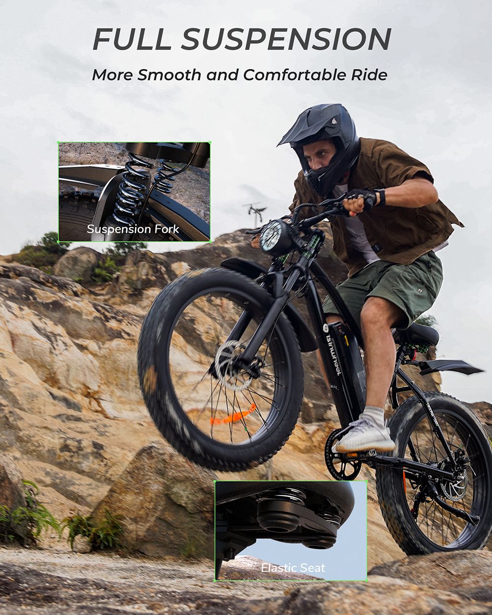 isinwheel M10 Plus Electric Bike, 250W Motor, 48V 13Ah Battery, 26*4.0 inch Tires, 25km/h Max Speed, 100km Range, Front & Rear Disc Brakes, 7 Speed Transmission, Full Suspension - Black