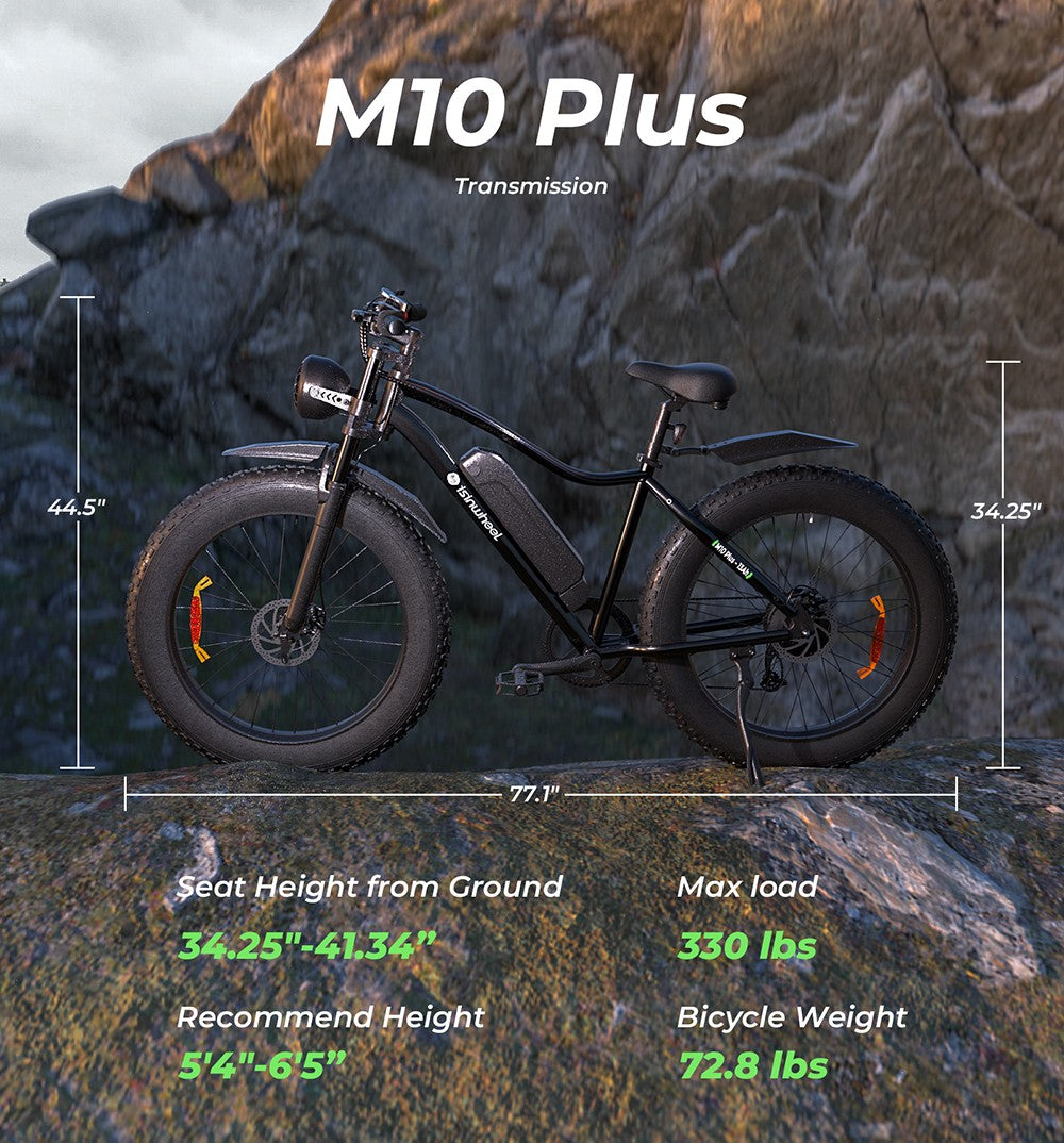 isinwheel M10 Plus Electric Bike, 250W Motor, 48V 13Ah Battery, 26*4.0 inch Tires, 25km/h Max Speed, 100km Range, Front & Rear Disc Brakes, 7 Speed Transmission, Full Suspension - Black