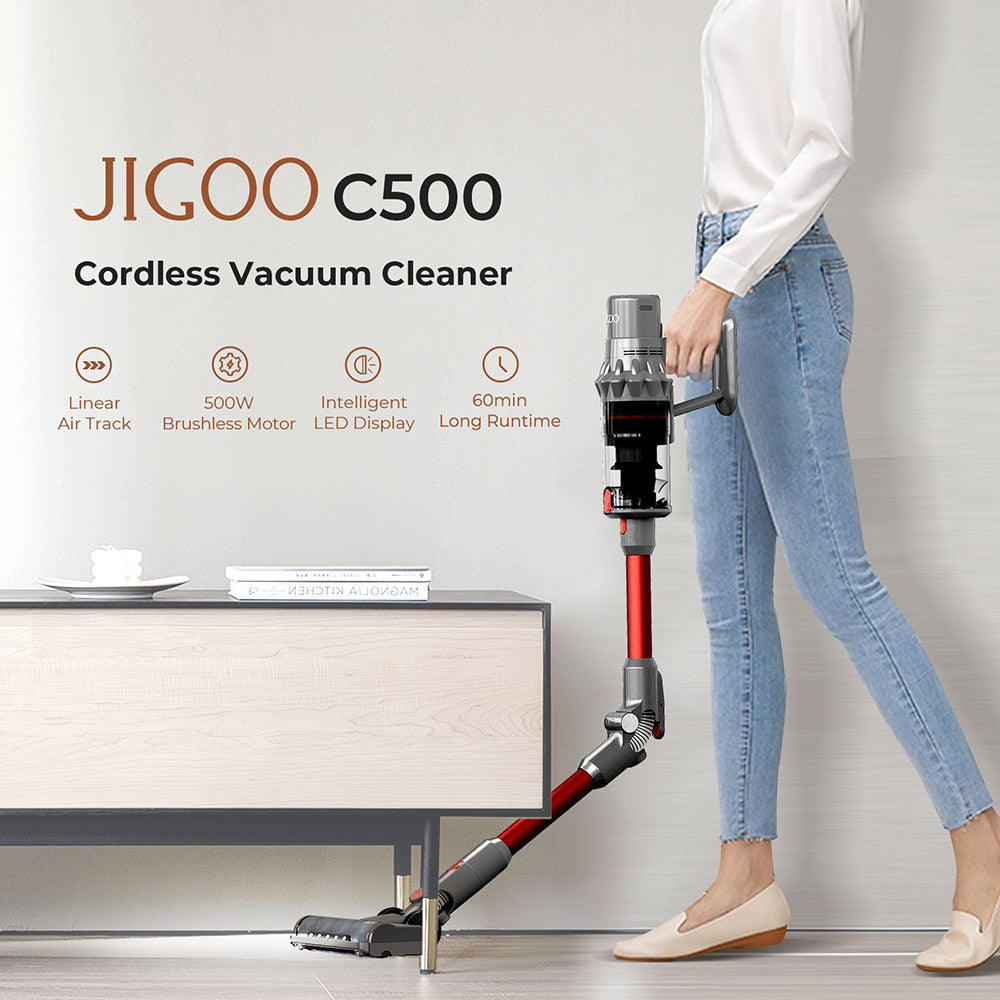 Aspiradora sin cable JIGOO C500, succión de 33 KPa, motor de 500 W, sensor de polvo inteligente, depósito de polvo de 1,2 L, hasta 60 minutos de autonomía, batería extraíble de 2200 mAh, pantalla táctil LED, tubo metálico giratorio.