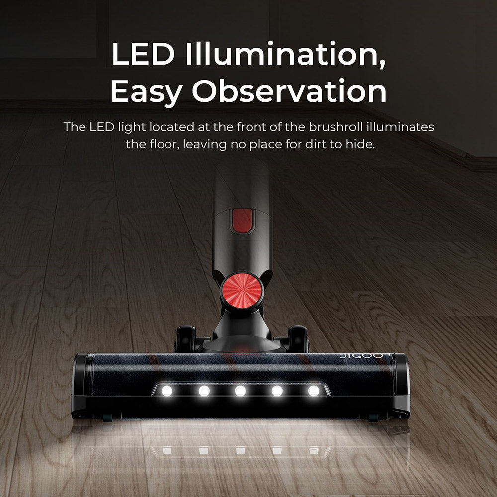 Aspiradora sin cable JIGOO C500, succión de 33 KPa, motor de 500 W, sensor de polvo inteligente, depósito de polvo de 1,2 L, hasta 60 minutos de autonomía, batería extraíble de 2200 mAh, pantalla táctil LED, tubo metálico giratorio.