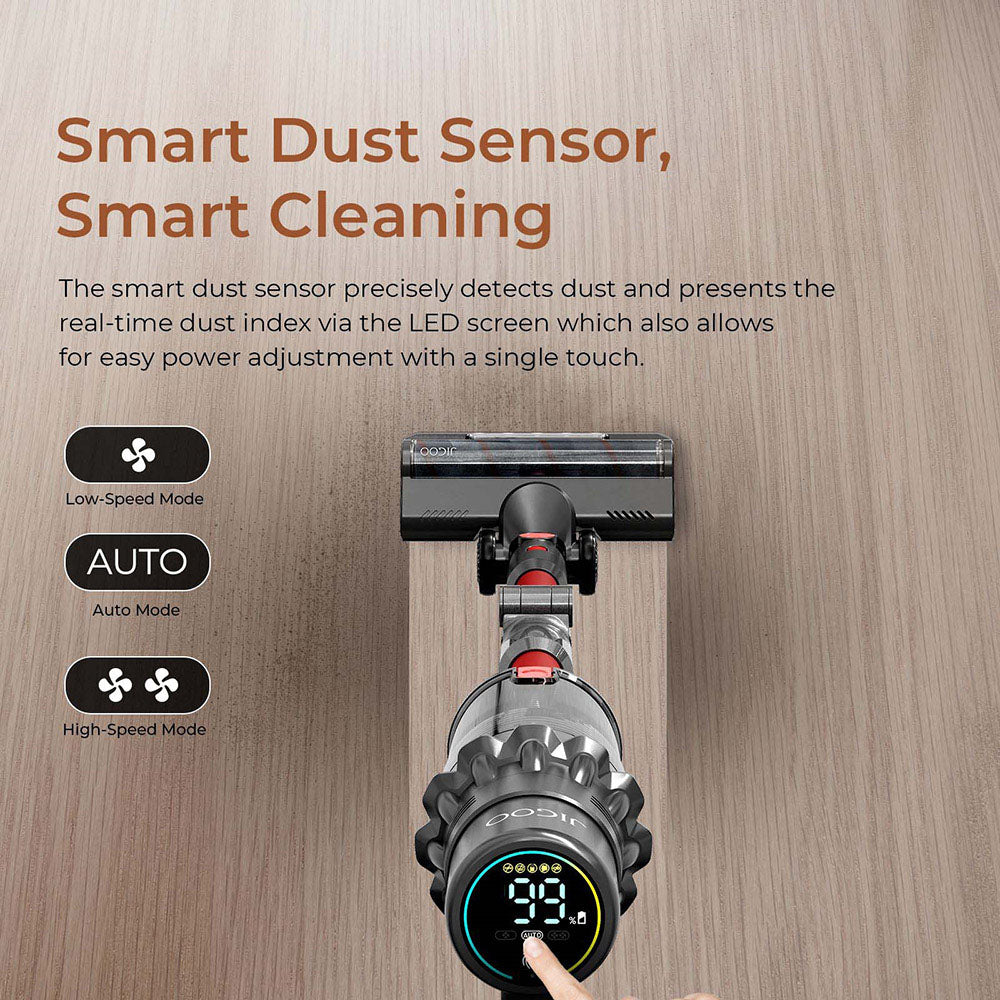 Aspiradora sin cable JIGOO C500, succión de 33 KPa, motor de 500 W, sensor de polvo inteligente, depósito de polvo de 1,2 L, hasta 60 minutos de autonomía, batería extraíble de 2200 mAh, pantalla táctil LED, tubo metálico giratorio.