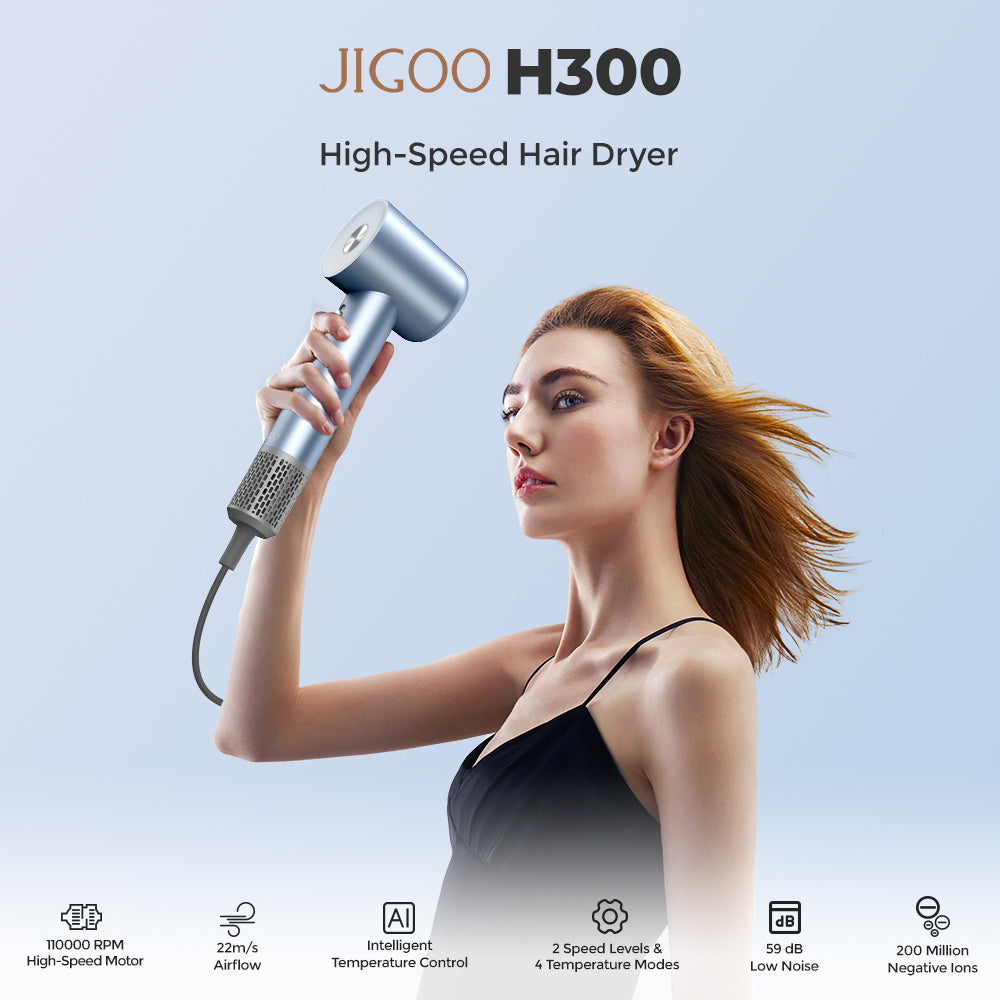 Secador de pelo de alta velocidad JIGOO H300 de 1600 W, 200 millones de iones negativos, 2 niveles de velocidad, motor sin escobillas de 110000 rpm, bajo nivel de ruido, anillo de luz de 3 colores.