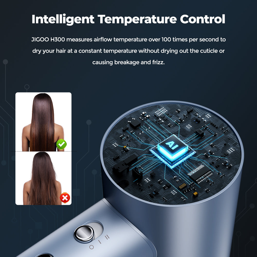 Secador de pelo de alta velocidad JIGOO H300 de 1600 W, 200 millones de iones negativos, 2 niveles de velocidad, motor sin escobillas de 110000 rpm, bajo nivel de ruido, anillo de luz de 3 colores.