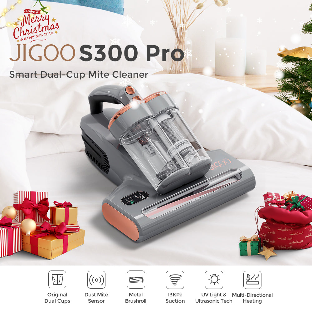 JIGOO S300 Pro Limpiador Inteligente de Ácaros con Doble Vaso y Sensor de Ácaros de Polvo, 500W, Succión de 13KPa, Innovador Cepillo Metálico, Luz UV y Tecnología Ultrasónica, Calefacción Multidireccional, 99.9% de Eliminación de Ácaros - Gris
