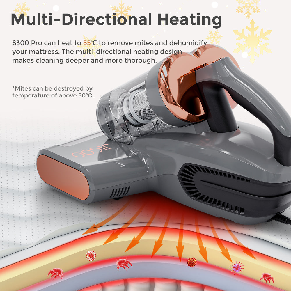JIGOO S300 Pro Limpiador Inteligente de Ácaros con Doble Vaso y Sensor de Ácaros de Polvo, 500W, Succión de 13KPa, Innovador Cepillo Metálico, Luz UV y Tecnología Ultrasónica, Calefacción Multidireccional, 99.9% de Eliminación de Ácaros - Gris