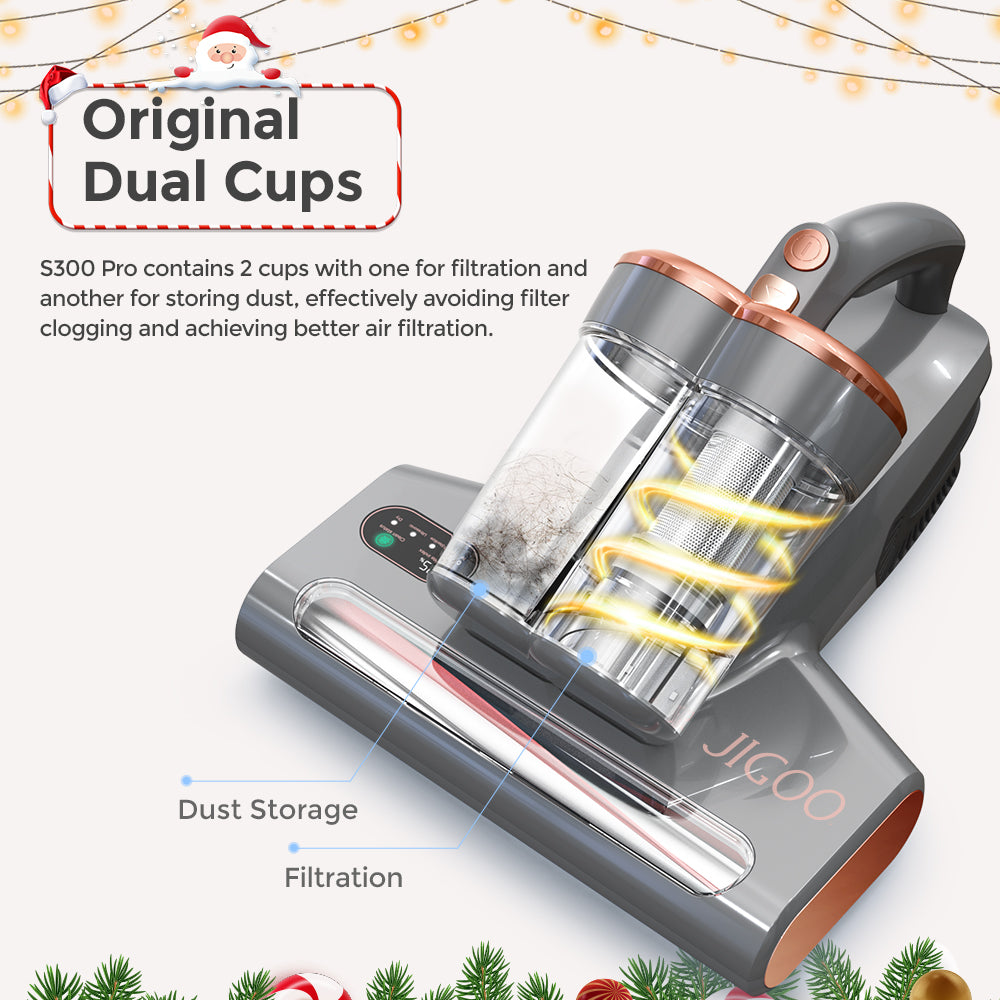 JIGOO S300 Pro Limpiador Inteligente de Ácaros con Doble Vaso y Sensor de Ácaros de Polvo, 500W, Succión de 13KPa, Innovador Cepillo Metálico, Luz UV y Tecnología Ultrasónica, Calefacción Multidireccional, 99.9% de Eliminación de Ácaros - Gris