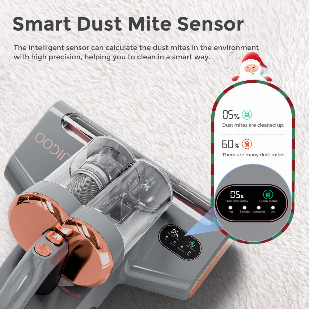 JIGOO S300 Pro Limpiador Inteligente de Ácaros con Doble Vaso y Sensor de Ácaros de Polvo, 500W, Succión de 13KPa, Innovador Cepillo Metálico, Luz UV y Tecnología Ultrasónica, Calefacción Multidireccional, 99.9% de Eliminación de Ácaros - Gris