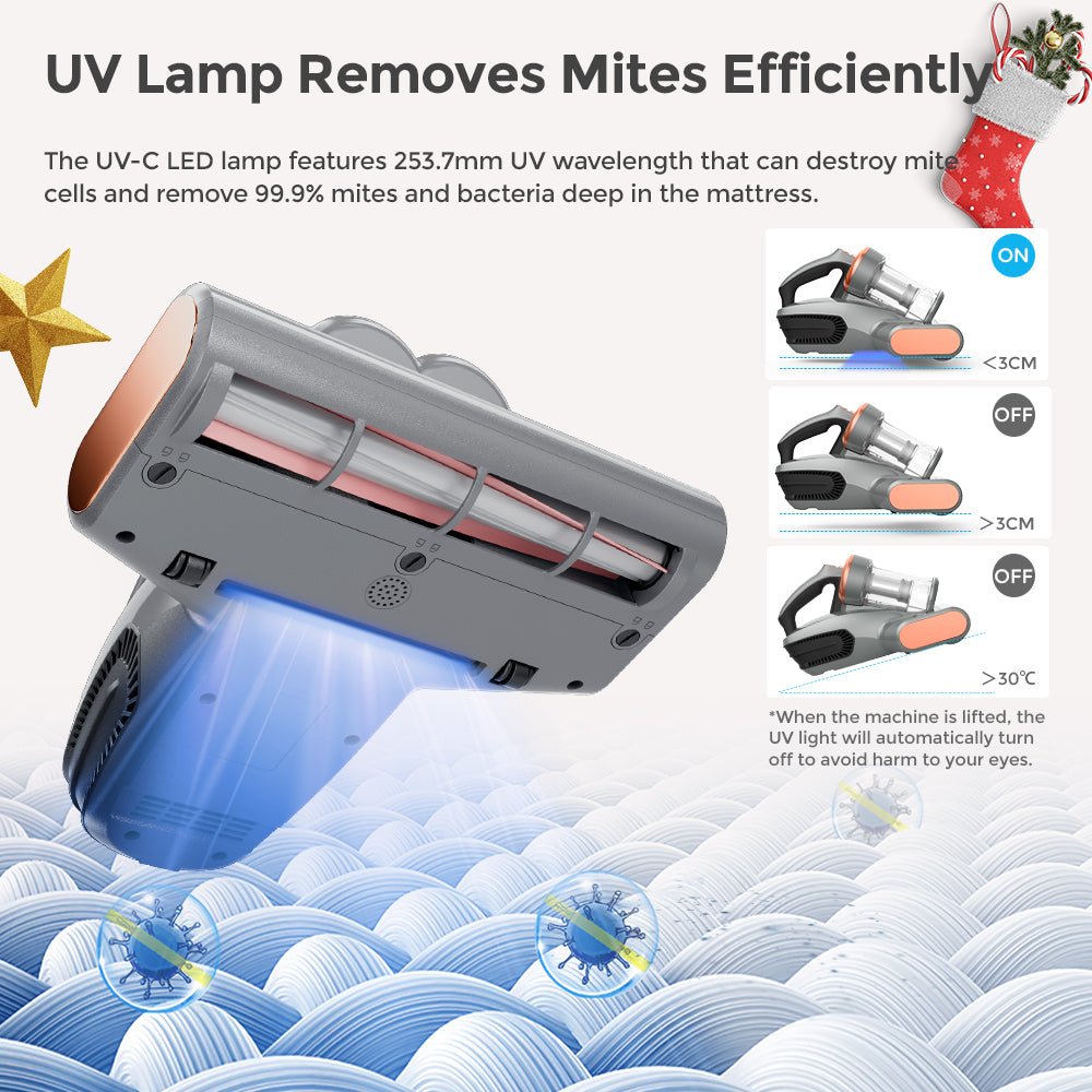 JIGOO S300 Pro Limpiador Inteligente de Ácaros con Doble Vaso y Sensor de Ácaros de Polvo, 500W, Succión de 13KPa, Innovador Cepillo Metálico, Luz UV y Tecnología Ultrasónica, Calefacción Multidireccional, 99.9% de Eliminación de Ácaros - Gris
