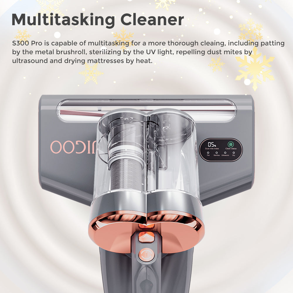 JIGOO S300 Pro Limpiador Inteligente de Ácaros con Doble Vaso y Sensor de Ácaros de Polvo, 500W, Succión de 13KPa, Innovador Cepillo Metálico, Luz UV y Tecnología Ultrasónica, Calefacción Multidireccional, 99.9% de Eliminación de Ácaros - Gris