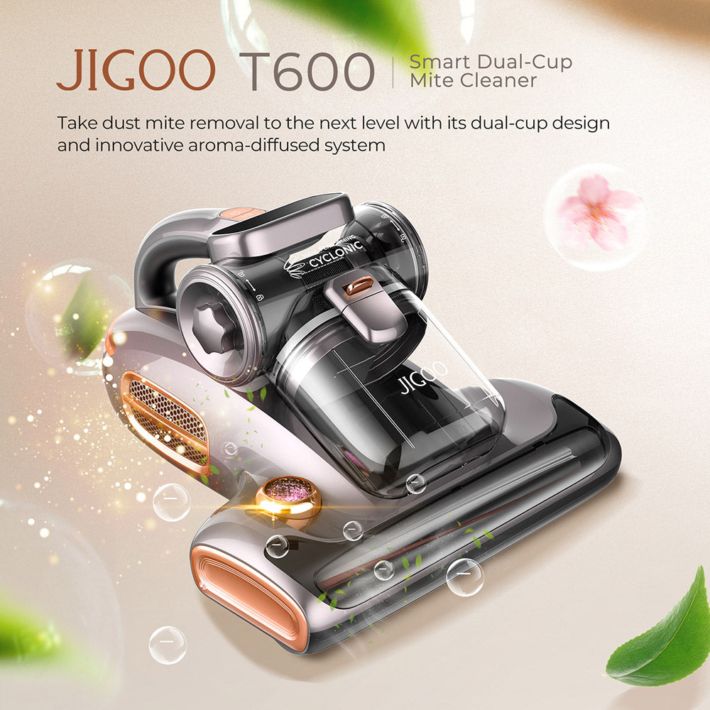 Aspiradora para cama JIGOO T600 Dual-Cup Smart Mite Cleaner con sistema de aromaterapia, succión de 700 W y 15 KPa, sensor de ácaros, luz UV, tecnología ultrasónica, eliminación del 99,99 % de ácaros, enchufe europeo - Gris