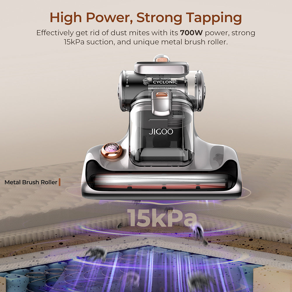 Aspiradora para cama JIGOO T600 Dual-Cup Smart Mite Cleaner con sistema de aromaterapia, succión de 700 W y 15 KPa, sensor de ácaros, luz UV, tecnología ultrasónica, eliminación del 99,99 % de ácaros, enchufe europeo - Gris