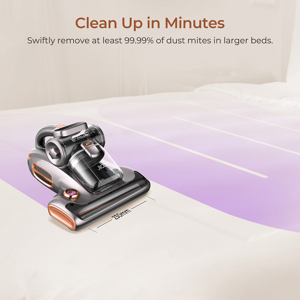 Aspiradora para cama JIGOO T600 Dual-Cup Smart Mite Cleaner con sistema de aromaterapia, succión de 700 W y 15 KPa, sensor de ácaros, luz UV, tecnología ultrasónica, eliminación del 99,99 % de ácaros, enchufe europeo - Gris